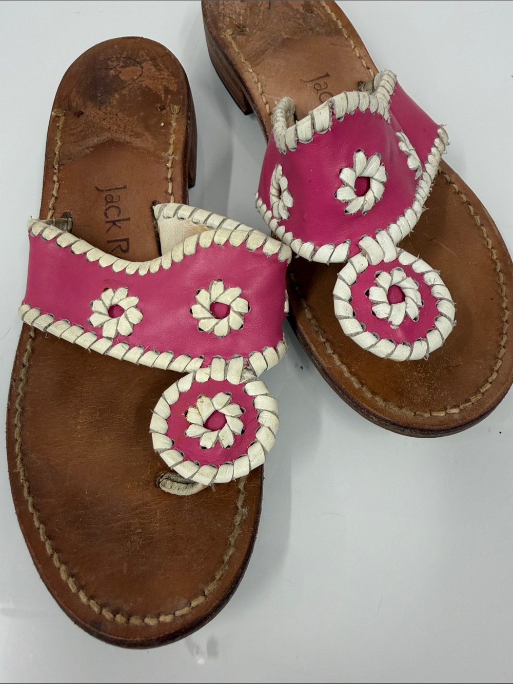 Jack Rogers Pink and Cream Leather Thong Sandals - Picture 2 of 7
